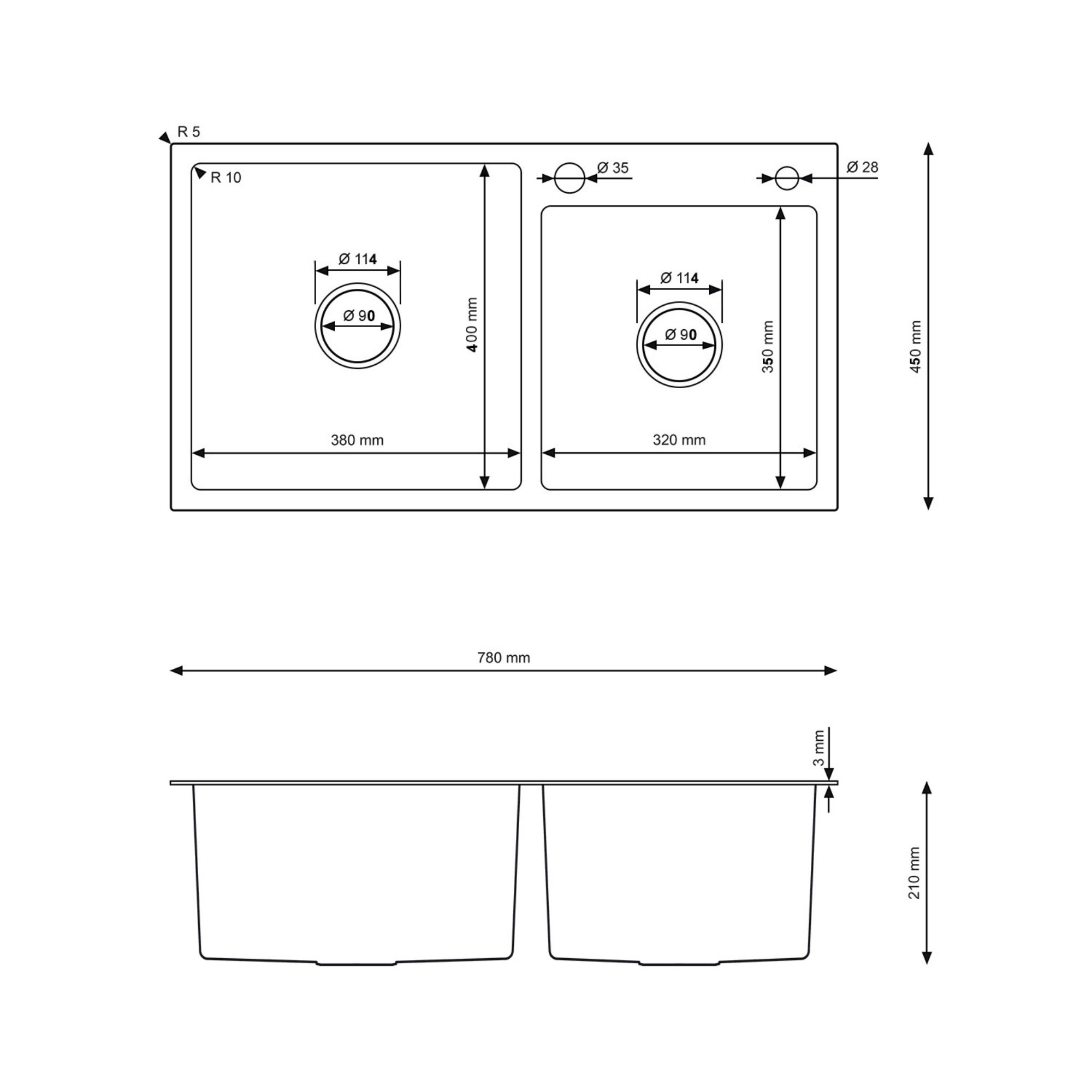 Rysunek techniczny zlewu stalowego Steel SINK 78